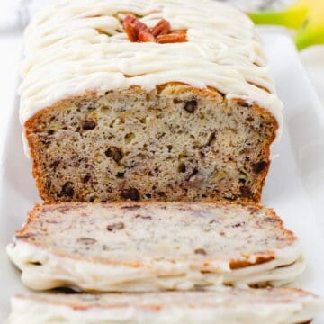 Buttermilk banana bread sliced down the middle.